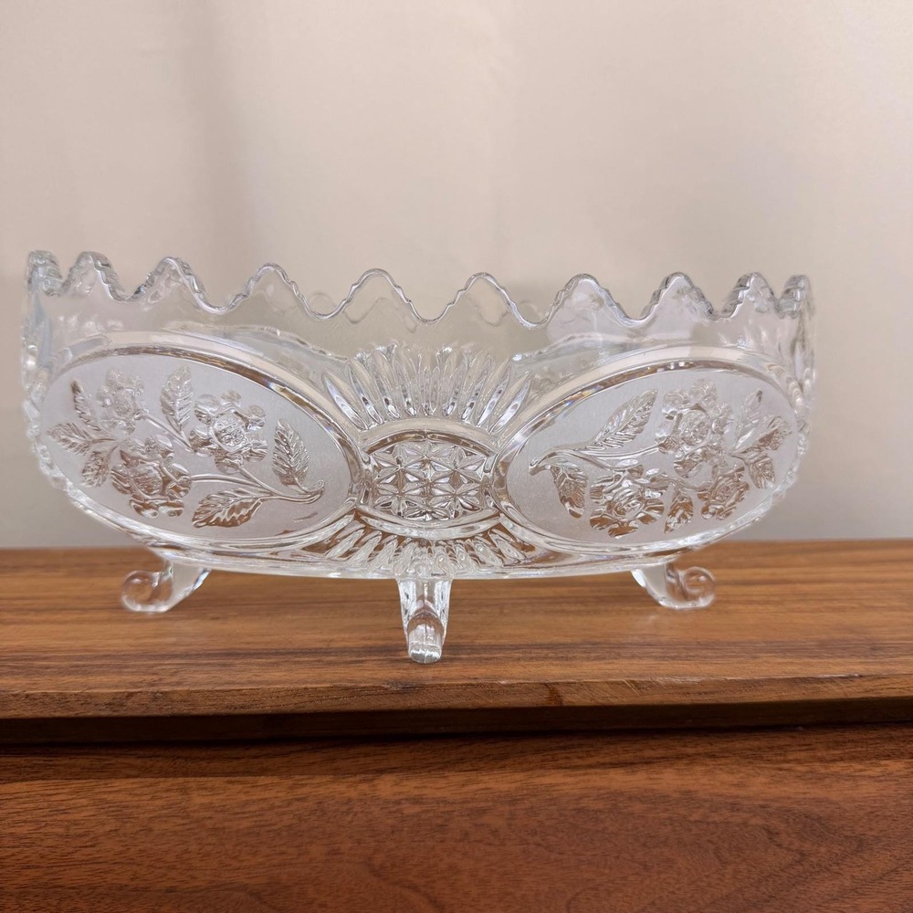 Crystal Clear Industries Flora Yugoslavia Oval Footed Bowl Frosted Rose Crystal